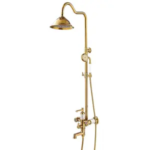 طقم استحمام ذهبي حنفية جسم نحاسية على الطراز الأوروبي مخرج مياه ثلاثي السرعة دش استحمام منزلي متعدد الأغراض