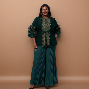 Tunica <span class=keywords><strong>elegante</strong></span> Miyake Set 2 pezzi per donna taglie forti Casual stile impero con <span class=keywords><strong>pizzo</strong></span> arricciato Top a pieghe a gamba larga tailleur - Product Image 1