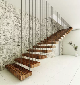 <span class=keywords><strong>Escalier</strong></span> flottant moderne en acier et bois sur mesure avec éclairage LED pour villa - Product Image 3