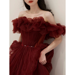 S0477R New One-shoulder Red Temperament Light Luxury Celebrity Banquet Sling Slim Fishtail Annual Meeting Host Wedding Dress - Product Image 2