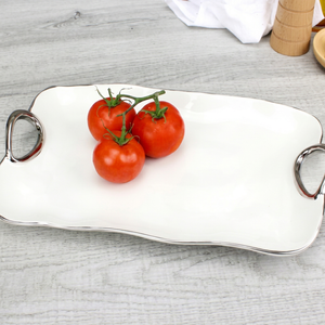 <b>Ceramic</b> Serving <b>Plate</b> Irregular Shape White Minimalist Design With Metal Handles Dishwasher Safe for Party or Daily Use - Product Image 1