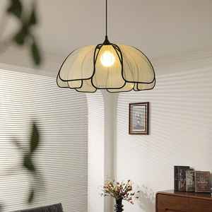 Lámpara colgante de tela estilo francés con forma de pétalo, LED E27, lámpara redonda de un solo cabezal para sala de estar, dormitorio, decoración del hogar - Product Image 1
