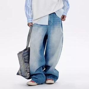 Wholesale Custom High Quality 100% Cotton Fabric for <b>Men</b> Washed Blue Vintage <b>Jeans</b> Hip Hop Baggy <b>Men's</b> Denim Pants - Product Image 2