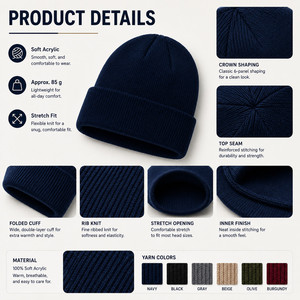 Custom Logo Knitted Beanie <b>Hat</b> 26 Colors Soft Acrylic Winter Warm Skull Cap Wholesale Promotional Blank Cuffed Beanie Navy - Product Image 4