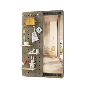 Solid Wood Pegboard With Sliding <b>Mirror</b> <b>Wall</b> Mounted Coat Rack Adjustable Storage Organizer <b>For</b> Entryway Decorative Use - Product Image 5