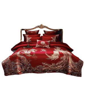 Wedding Four-piece Bedding Set 160-count Cotton Embroidered Chinese Style All-season Red Satin Duvet Cover Set - Product Image 5