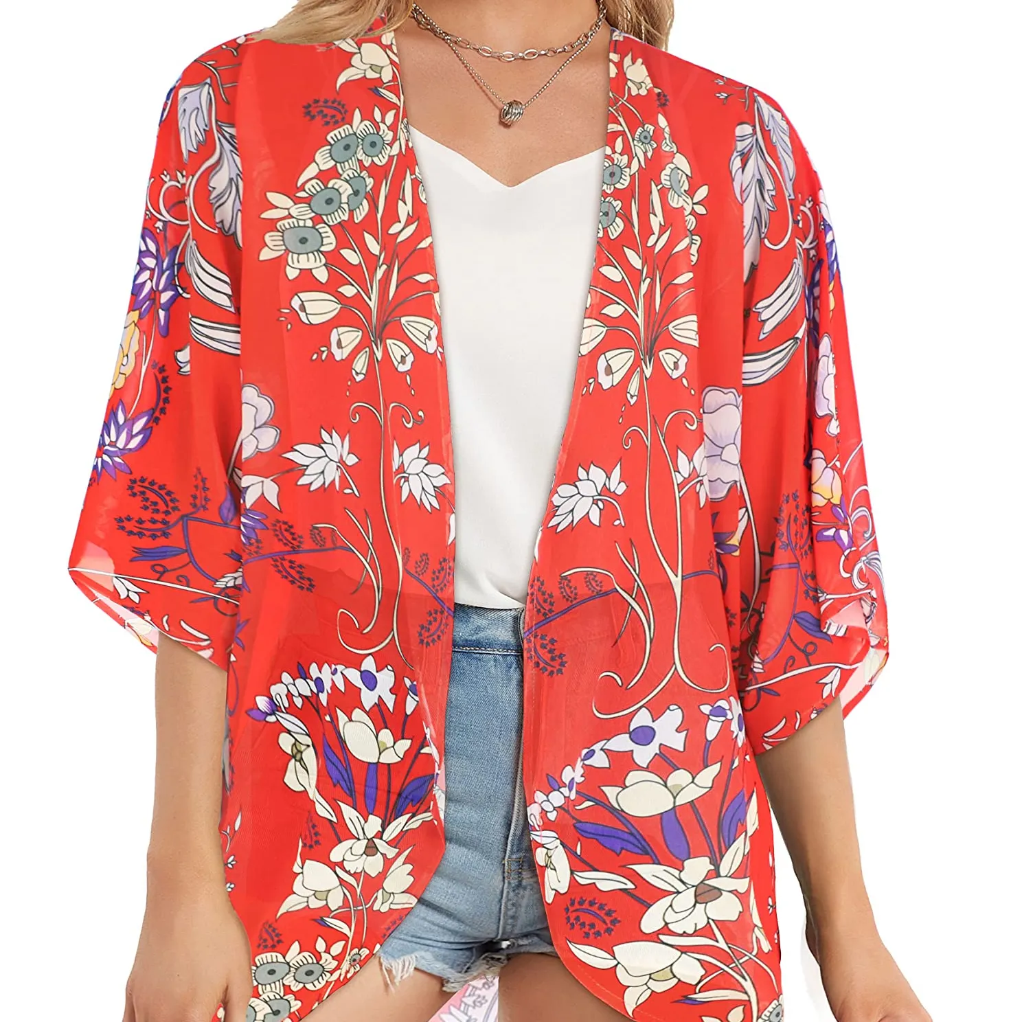 2023 Custom Floral Print Puff Sleeve Kimono Cardigan Loose Cover Up Casual Blouse Tops