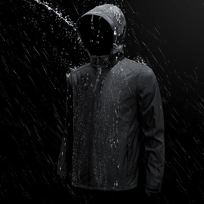 Coupe-vent de pluie imperméable pour hommes, veste à capuche, coupe-vent noir, mode extérieure, vente en gros
