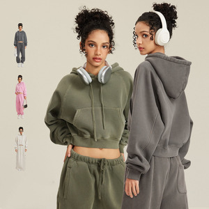 Sweat-shirt à capuche surdimensionné et court en coton 100% personnalisé, style streetwear vieilli, épaules tombantes, pour l'automne, en tissu tissé - Product Image 1