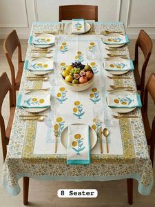 Hand Block Printed 100% Cotton Modern Floral Dining <b>Table</b> <b>Cover</b> with Napkins for 8 Seater - Product Image 4