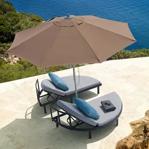 Modern şemsiye bahçe çift güneş yatakları alüminyum plaj şezlongu 2 kişilik