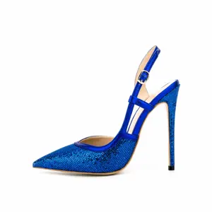 2023 New Arrivals Fashion Buckle Strap Pointed Toe 12cm High Heels Women Slingback Back Space Royal Blue Glitter Ladies Sandals