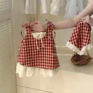 Abito estivo a quadri per <span class=keywords><strong>bambina</strong></span>, abito a due pezzi con gilet e foulard per bambine, abbigliamento casual per tutti i giorni - Product Image 3