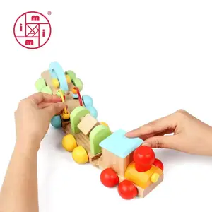 Educational Montessori Stacking Geometry Blocks Mini Wooden Animal Train Combination Car Toy Set For Children