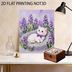Décoration murale et de table moderne en toile écologique avec cadre, motif animal chat imprimé diamant et perle - Product Image 2