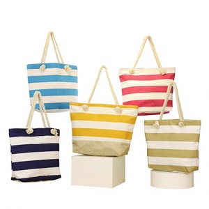 Canvas Beach <b>Tote</b> <b>Bag</b> Striped Rope Handle <b>Zipper</b> Shoulder Handbag Reusable Shopping <b>Bag</b> for Daily Travel - Product Image 3