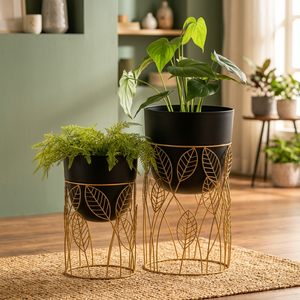 Modern Luxury Gold Metal Planter with Stand Decorative Black Flower <b>Pot</b> Elegant Indoor Outdoor Plant <b>Holder</b> Home Decor - Product Image 4