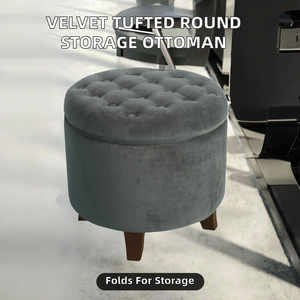 Otomana Redonda Moderna Plegable con Botones de Terciopelo y Tapa Extraíble Color Bronceado para Sala de Estar, Entrada, Dormitorio u Hospital - Product Image 2