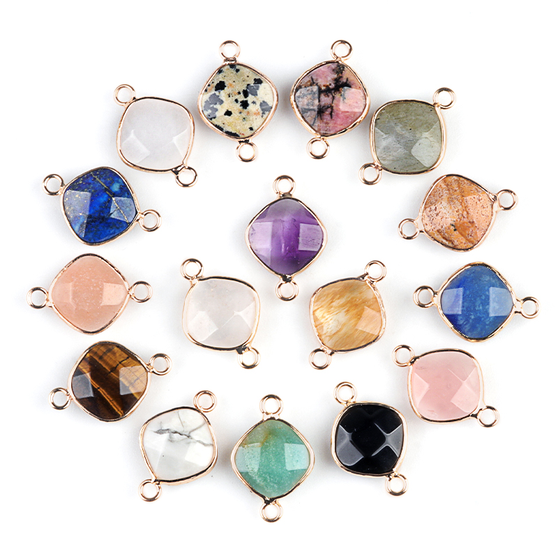 Natural Crystal Agate Obsidian Stone square Cut Double Loop Connector for Accessory Charm Pendant DIY Jewelry Making Components