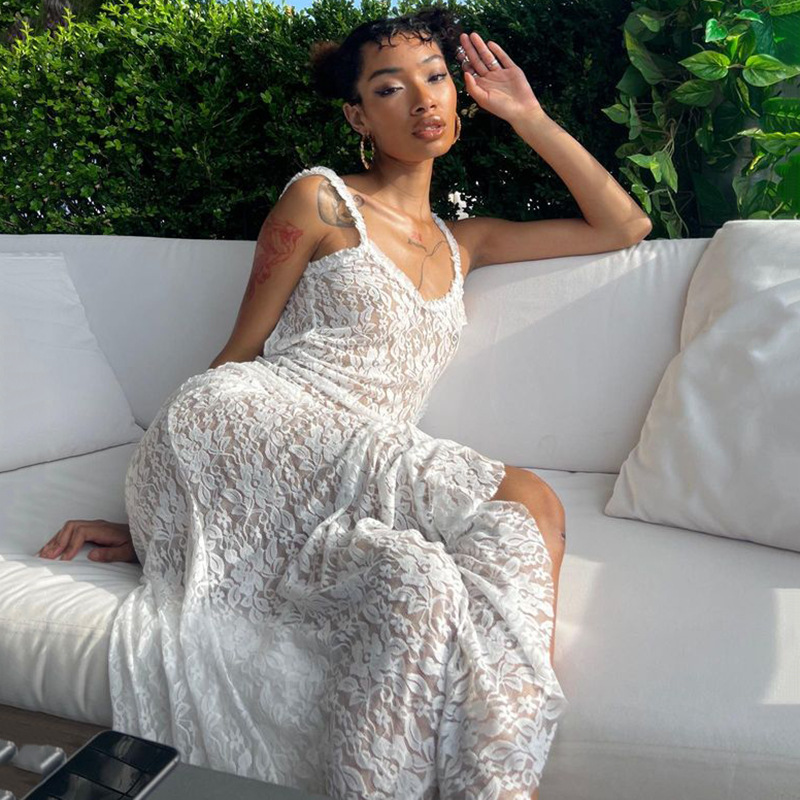 Elegant 2024 White Lace Maxi Dress with High Split & Ruffles | Sexy Summer  Party Wear for B2B Buyers | Y2K Fairycore Style