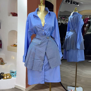 HK73894 Trendy Skirt Set for Women Lapel <strong>Blue</strong> Stripe Long Sleeve Shirt + Short Skirt Sets 2 Piece Outfits for Women Office <strong>Wear</strong> - Product Image 4