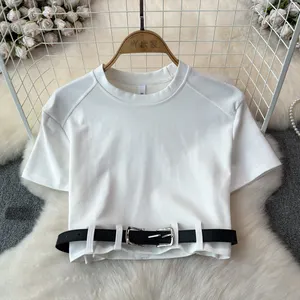 Boutique Wholesale 2024 Summer New Fashionable Temperament Metal Belt Short Sleeved Women's T-shirt