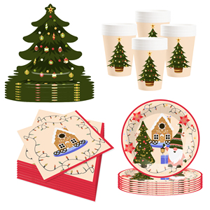DAMAI Modern Christmas Themed Disposable Tableware Set Round Paper Plate Cup Napkin Banner for Xmas Party - Product Image 1