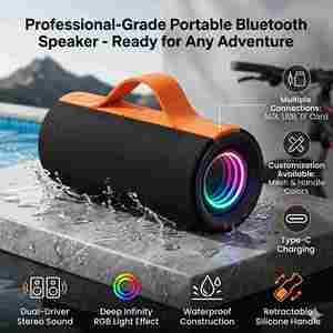 OEM Factory Portable Waterproof BT Speaker with RGB Light 16W Retractable Handle <b>AUX</b>/USB/TF Card for Hiking Cycling Pool Party - Product Image 1