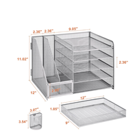 Organisateur de bureau en métal avec porte-documents, plateau à lettres à 5 niveaux, tiroir coulissant, 2 porte-stylos, organiseur de dossiers en métal