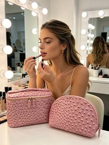 Sac cosmétique de luxe en peau d'autruche, ensemble de 2 pièces, sacs à maquillage en forme de coquille, grande capacité, trousse de toilette de voyage avec logo personnalisé - Product Image 5