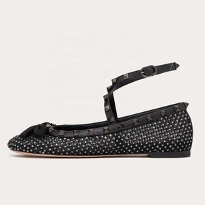 <b>Big</b> Size 45 Women Fishnet Upper Square Toe Sandals Ladies <b>Bow</b> Diamonds Cross Straps Pumps Girls Metal Rivets Mesh Flat Shoes - Product Image 5