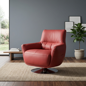 Sillón Giratorio Moderno de Cuero Sintético Rojo, Respaldo Sólido, Silla de Ocio Contemporánea para Sala de Estar, Base de Metal - Product Image 4