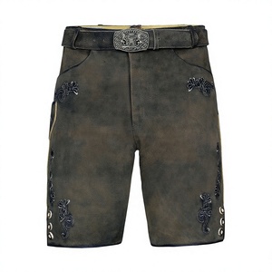 Shorts d'hiver en cuir suédé vieilli de style Lederhosen allemand autrichien, écologiques, aspect vintage uni, brodés et respirants - Product Image 1