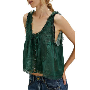 Nouveau débardeur camisole ajusté en dentelle respirante et douce avec patchwork, boutonné, couleur unie, pour <span class=keywords><strong>femme</strong></span>, idéal pour l'été - Product Image 6