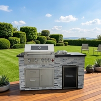Unité de cuisine extérieure avec barbecue à gaz intégré, comptoir en pierre culturelle empilée, réfrigérateur à vin, armoire à tiroirs, station de cuisson pour jardin