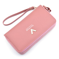 Dompet Panjang Wanita Kapasitas Besar dengan Ritsleting Ganda Pola Berbintik Sederhana Tas Ponsel Dua Lapis Bahan Poliester/PU-Baru