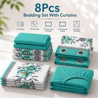 Ensemble de literie prêt à être expédié, taille King, 8 pièces, imprimé floral bleu, comprenant draps, rideaux et taies d'oreiller, literie en microfibre