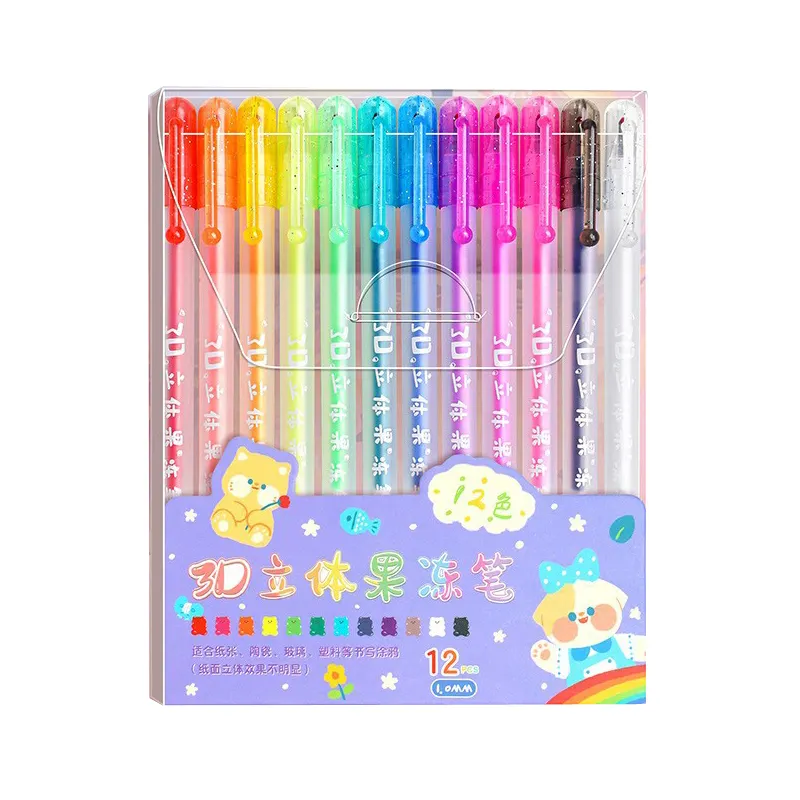 Gran oferta de bolígrafos de tinta de Gel de plástico de 1,0mm, 12 colores, bolígrafos de Gel de colores de punta fina, juego de bolígrafos de gelatina brillante 3D para papelería de oficina escolar