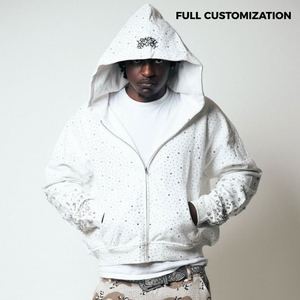 Felpa con Cappuccio da Uomo con Zip, Personalizzata con Strass, Effetto Consumato e Lavaggio Acido, Vestibilità Ampia, Stile Streetwear Pesante, Design con Diamanti - Product Image 2