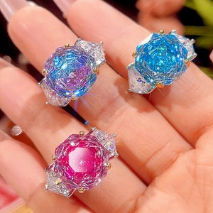 Fashion Jewelry Eco-friendly Copper <b>Gold</b> Plated 14*14mm Gradient Pink Zircon Geometric 3 Stone <b>Ring</b> <b>Settings</b> for Women - Product Image 3