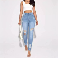 Pantalons crayon pour femme en denim stretch de haute qualité, taille haute, couleur délavée, vente en gros