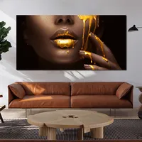 Affiche sur toile Golden Lips, art mural scandinave, portrait de femme sexy, impression HD, encre imperméable, décoration intérieure, salon
