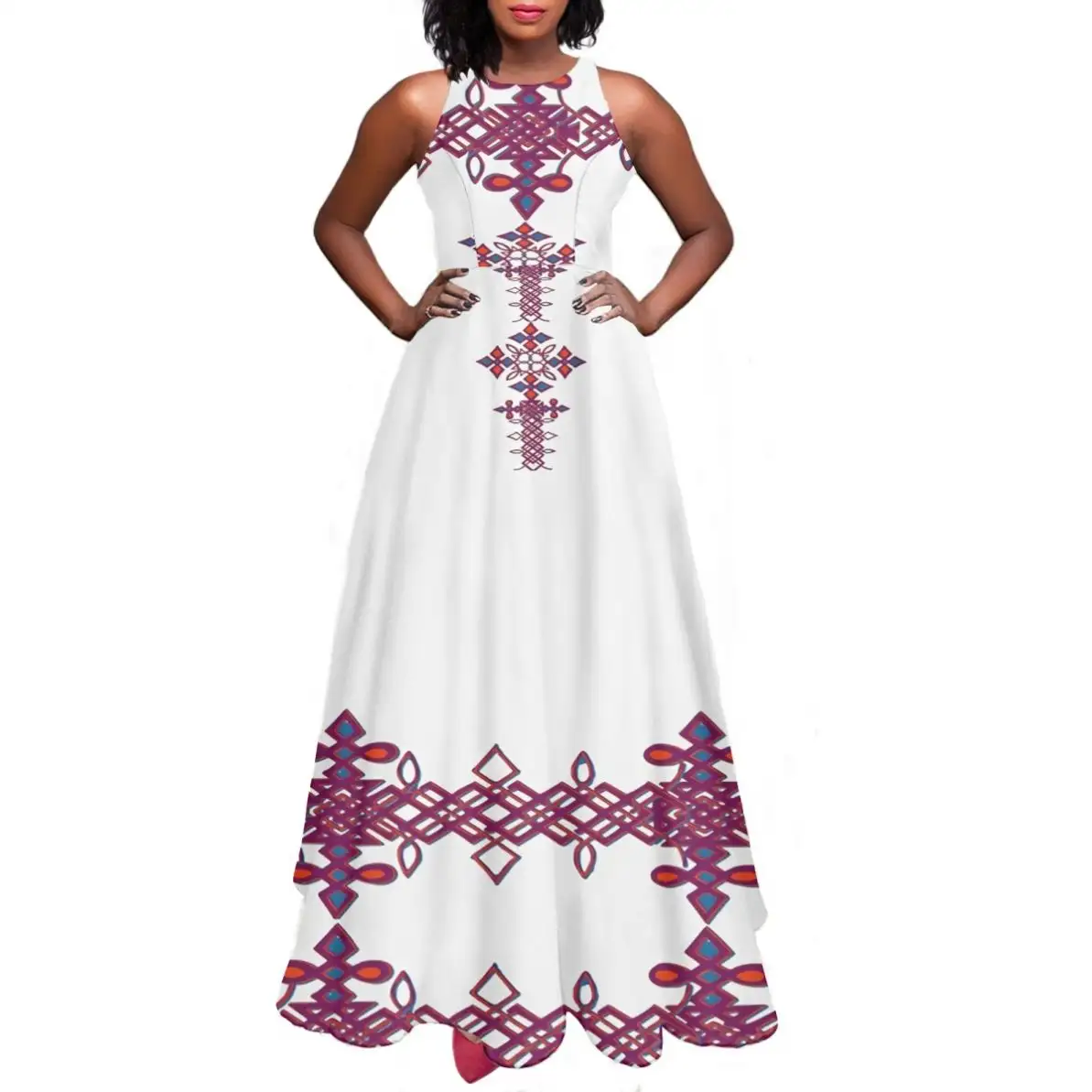 فستان تقليدي إثيوبي مخصص من مصنع المعدات الأصلي وصانع التصميمات الأصلية فستان صيفي للبيع بالجملة بدون أكمام وبرقبة على شكل حرف O فستان سهرة كاجوال طويل للنساء