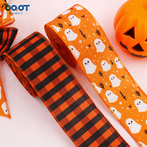 Pita Halloween Berpinggir Kawat dengan Motif Hantu Lucu, Oranye Hitam, Motif Kotak-kotak Buffalo untuk Karangan Bunga, Gantungan Pintu, Pembungkus Kado, Pesta - Product Image 4