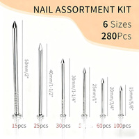 280-Piece Steel Nail Set 6 Sizes for Woodworking Drywall Metal & Plastic Construction Use; Carpentry Nails 2mm Diameter