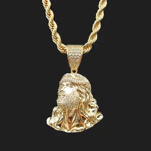 Kalung Kepala Yesus Wajah Manusia Berlapis Emas 14K Zirkonia Tembaga Terlaris Liontin Yesus