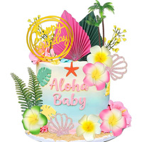 Set de Adornos para Pastel Hawaiano, Hoja de Palma, Abanico, Plumeria, Helecho, Estrella de Mar, Concha, Coral, Dorado y Blanco, Decoración para Pastel de Feliz Cumpleaños