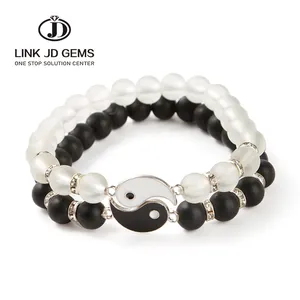 JD Frosted White Glass Bead Tai Chi Yin Yang Couple Bracelets Simple Fashion Elastic Strand Bangles For Women Men