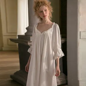 Gaun Putih Panjang Satu Potong Piyama Wanita Gadis Manis Putri Vintage Baju Tidur Katun Baju Tidur Nightie