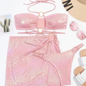 Special Textured Fabric Solid Color Swimwear Beachwear Skirtini One Shoulder Push up 3 Piece Bikini Set OEM Service - Product Image 3